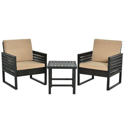 3-Piece Patio Rattan Bistro Cushioned Furniture Set