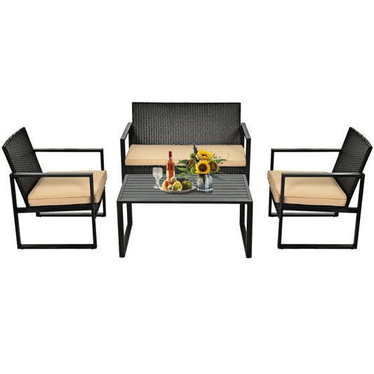 4-Piece Patio Rattan Furniture Set with Seat Cushions and Coffee Table