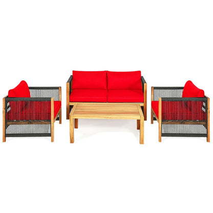 4-Piece Acacia Wood Sofa Set with Cushions for Outdoor Patio