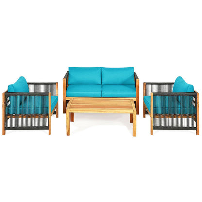 4-Piece Acacia Wood Sofa Set with Cushions for Outdoor Patio