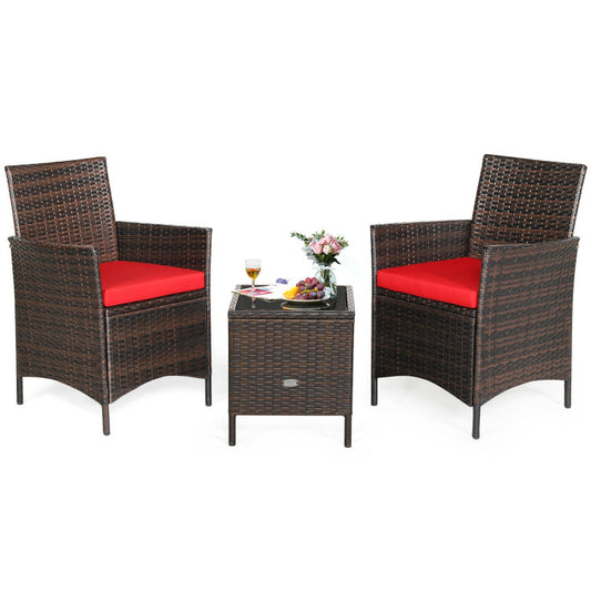 3-Piece Patio Rattan Furniture Set Cushioned Sofa and Glass Tabletop