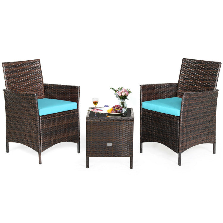 3-Piece Patio Rattan Furniture Set Cushioned Sofa and Glass Tabletop