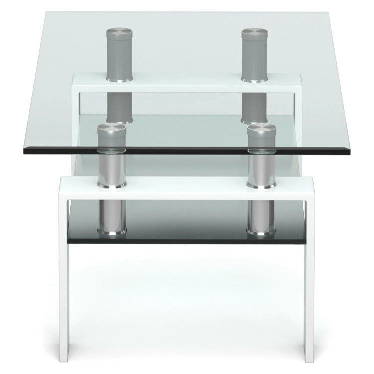 2-Tier Rectangle Glass Coffee Table with Storage Shelf for Living Room