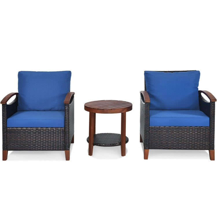 3-Piece Patio Rattan Furniture Set with Washable Cushion and Acacia Wood Tabletop