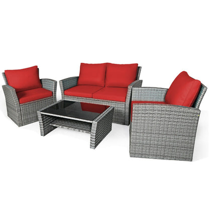 4-Piece Patio Rattan Furniture Set Sofa Table with Storage Shelf Cushion