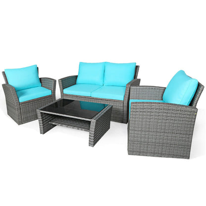 4-Piece Patio Rattan Furniture Set Sofa Table with Storage Shelf Cushion