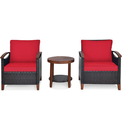 3-Piece Patio Rattan Furniture Set with Washable Cushion and Acacia Wood Tabletop