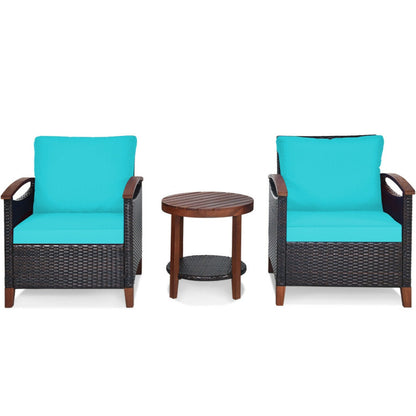 3-Piece Patio Rattan Furniture Set with Washable Cushion and Acacia Wood Tabletop