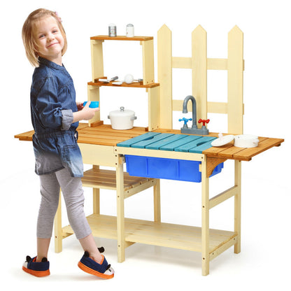 Costway Kid's Outdoor Wooden Pretend Cook Kitchen Playset Toy