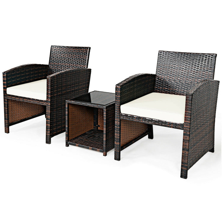 3-Piece PE Rattan Wicker Furniture Set with Cushion Sofa and Coffee Table