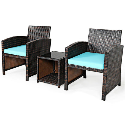 3-Piece PE Rattan Wicker Furniture Set with Cushion Sofa and Coffee Table