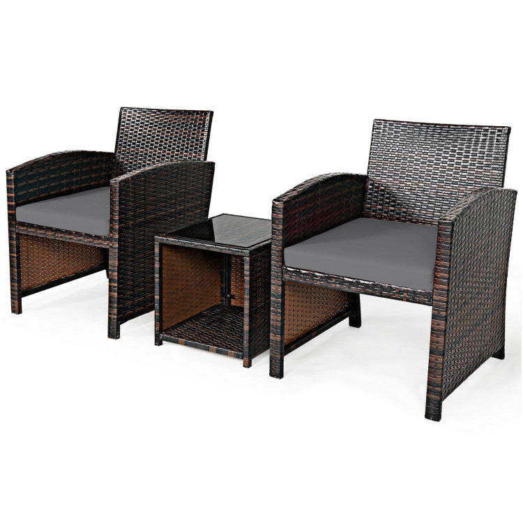 3-Piece PE Rattan Wicker Furniture Set with Cushion Sofa and Coffee Table