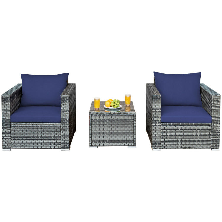 3-Piece Patio Rattan Furniture Bistro Sofa Set with Cushioned