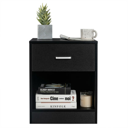 2-Tier Modern Wooden Nightstand with Storage Drawer and Open Cabinet