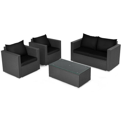 4-Piece Patio Rattan Conversation Set with Padded Cushion and Tempered Glass Coffee Table