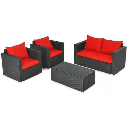 4-Piece Patio Rattan Conversation Set with Padded Cushion and Tempered Glass Coffee Table