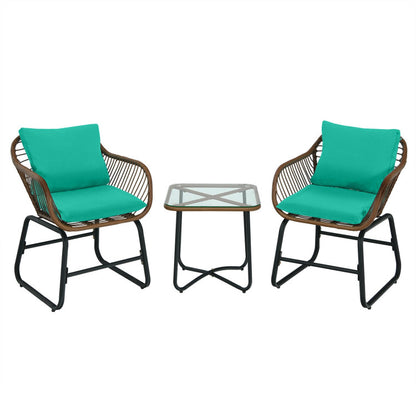 3-Piece Patio Rattan Bistro Set Cushioned Chair Glass Table Deck