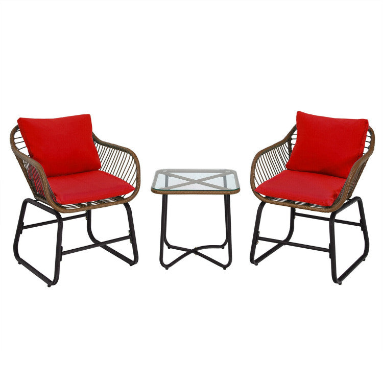 3-Piece Patio Rattan Bistro Set Cushioned Chair Glass Table Deck