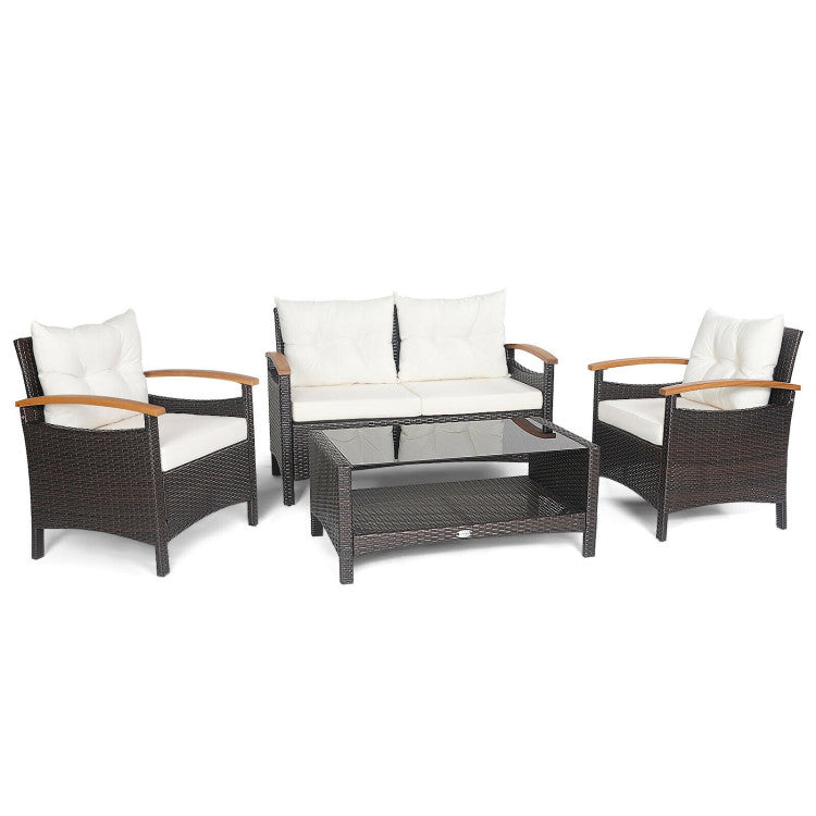 4-Piece Patio Rattan Furniture Set with Cushioned Sofa and Storage Table