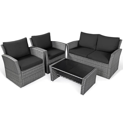 4-Piece Patio Rattan Furniture Set Sofa Table with Storage Shelf Cushion