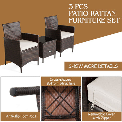 3-Piece Patio Rattan Furniture Set Cushioned Sofa and Glass Tabletop