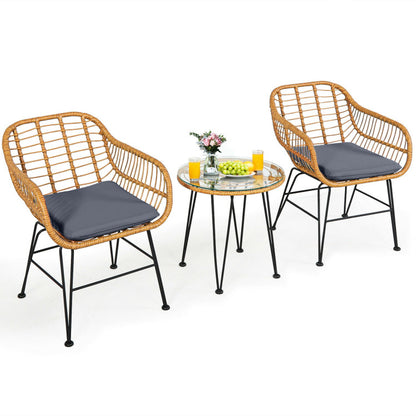 3-Piece Rattan Furniture Set with Cushioned Chair Table