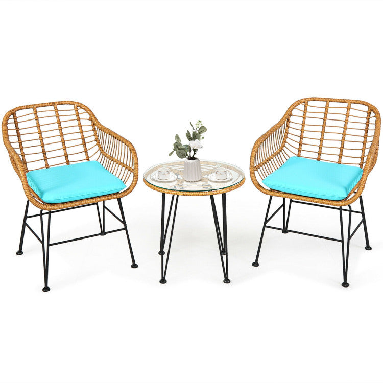 3-Piece Rattan Furniture Set with Cushioned Chair Table