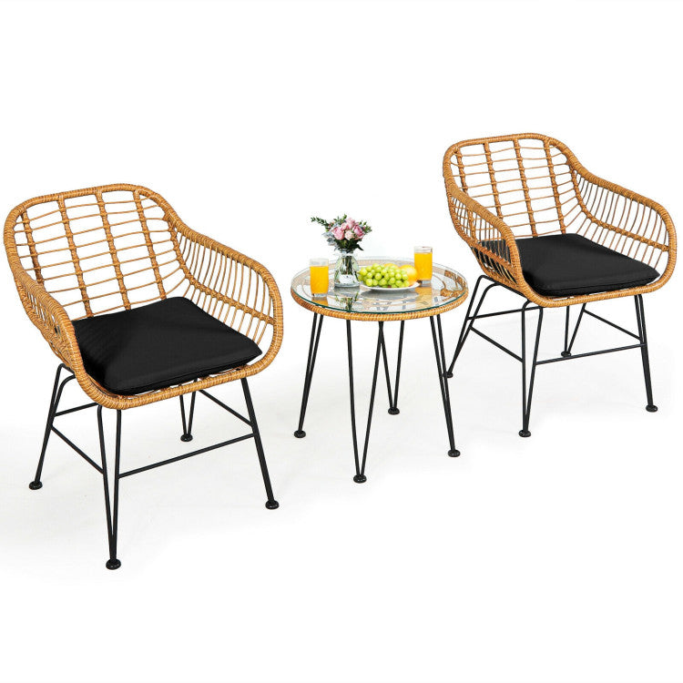 3-Piece Rattan Furniture Set with Cushioned Chair Table