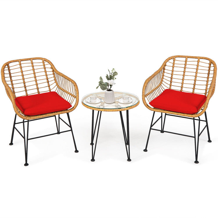 3-Piece Rattan Furniture Set with Cushioned Chair Table