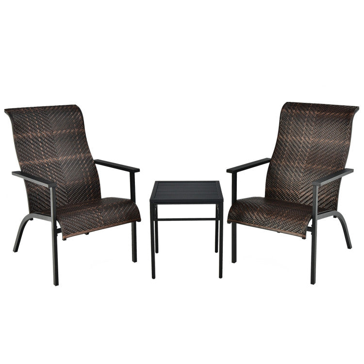 3-Piece Patio Rattan Bistro Set with High Backrest and Armrest