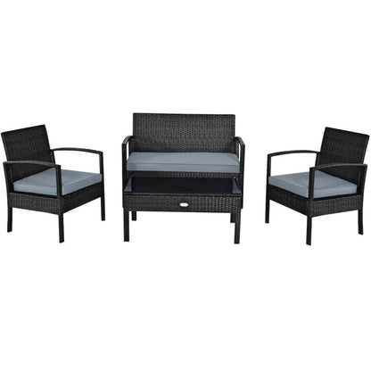 4 Pieces Patio Rattan Cushioned Furniture Set with Loveseat and Table