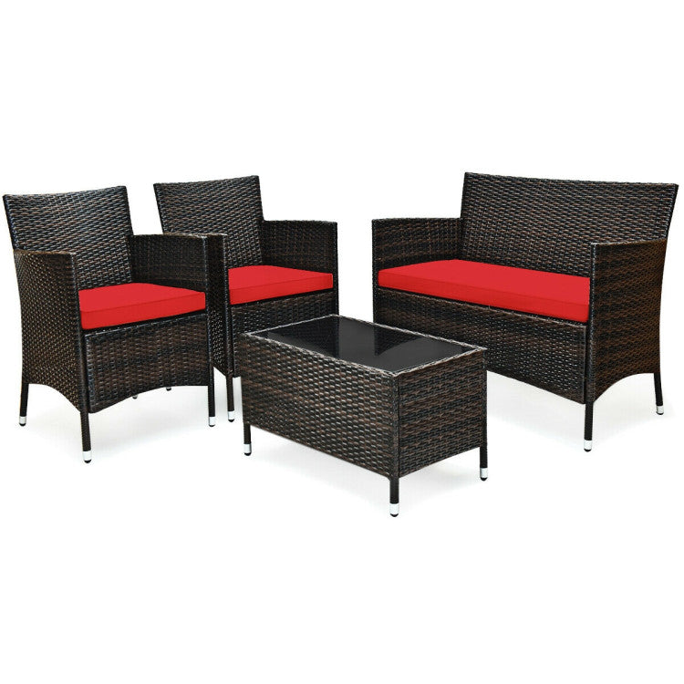 4 Pieces Comfortable Outdoor Rattan Sofa Set with Glass Coffee Table