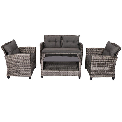 4-Piece Patio Rattan Furniture Set Coffee Table Cushioned Sofa