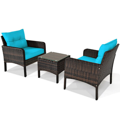 3-Piece Outdoor Patio Rattan Conversation Set with Seat Cushions