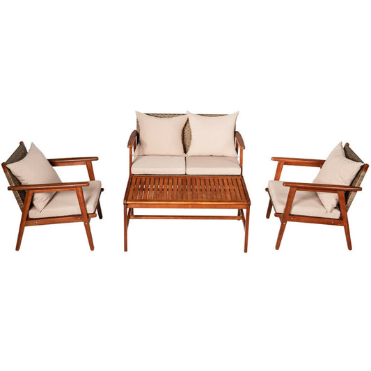 4-Piece Acacia Wood Patio Rattan Furniture Set with Cushions