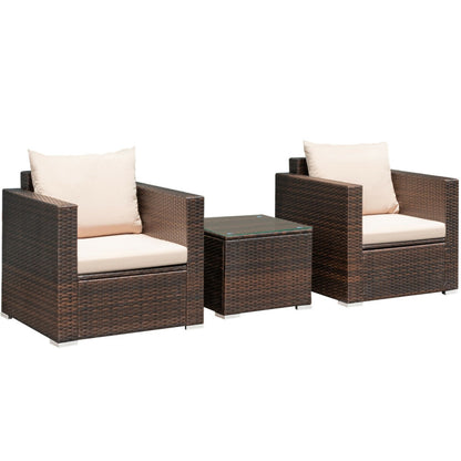 3-Piece Patio Conversation Rattan Furniture Set with Cushion