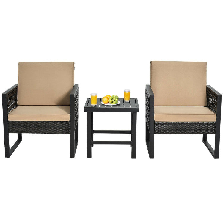 3-Piece Patio Rattan Bistro Cushioned Furniture Set