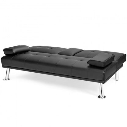 Convertible Folding Leather Futon Sofa with Cup Holders and Armrests