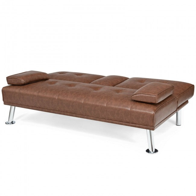 Convertible Folding Leather Futon Sofa with Cup Holders and Armrests