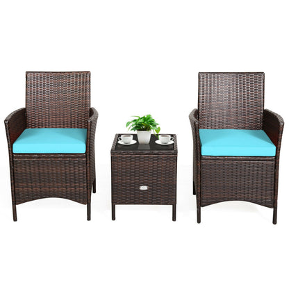 3-Piece Patio Rattan Furniture Set Cushioned Sofa and Glass Tabletop