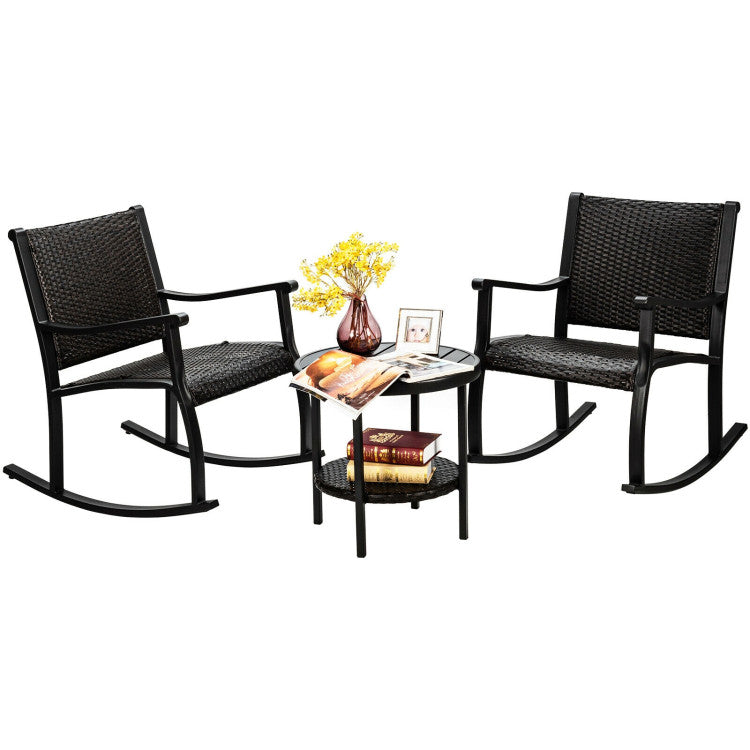 3-Piece Patio Rattan Furniture Set with Coffee Table and Rocking Chairs