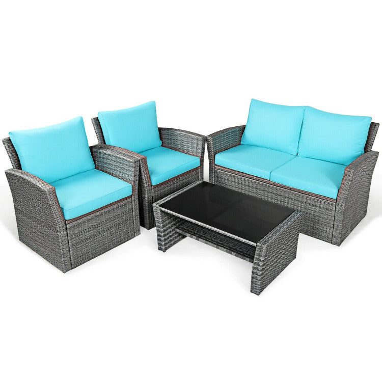 4-Piece Patio Rattan Furniture Set Sofa Table with Storage Shelf Cushion