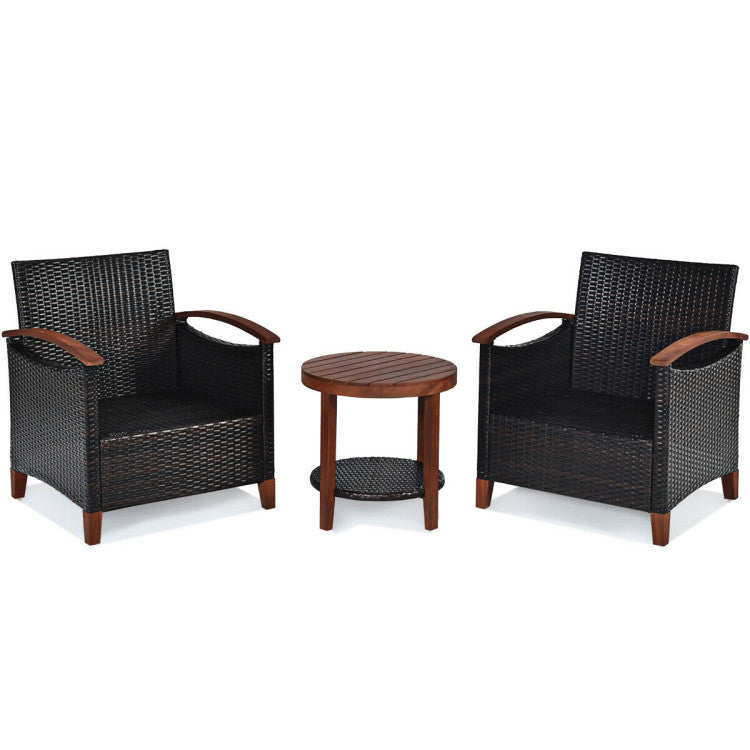 3-Piece Patio Rattan Furniture Set with Washable Cushion and Acacia Wood Tabletop