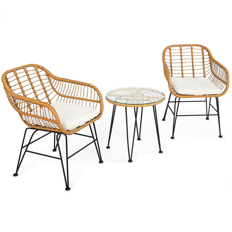 3-Piece Rattan Furniture Set with Cushioned Chair Table