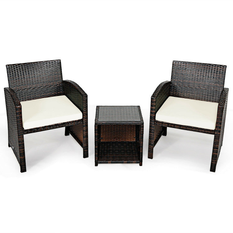 3-Piece PE Rattan Wicker Furniture Set with Cushion Sofa and Coffee Table