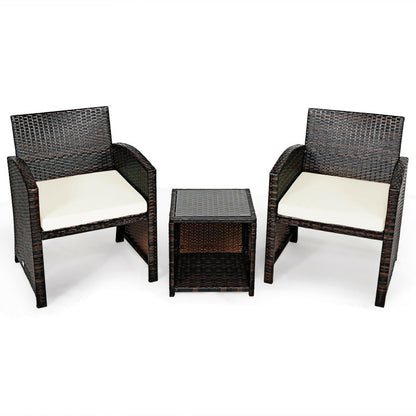 3-Piece PE Rattan Wicker Furniture Set with Cushion Sofa and Coffee Table