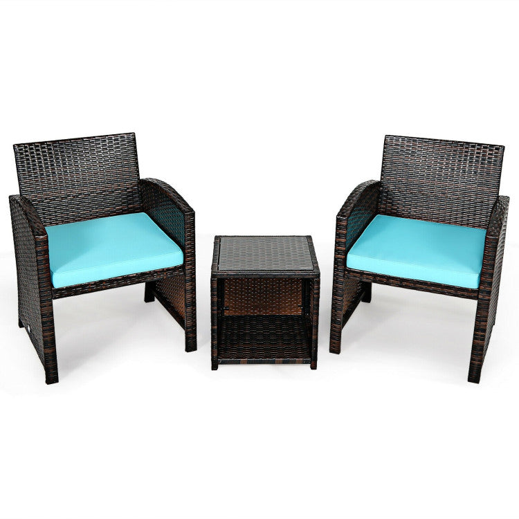 3-Piece PE Rattan Wicker Furniture Set with Cushion Sofa and Coffee Table