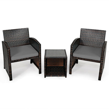 3-Piece PE Rattan Wicker Furniture Set with Cushion Sofa and Coffee Table