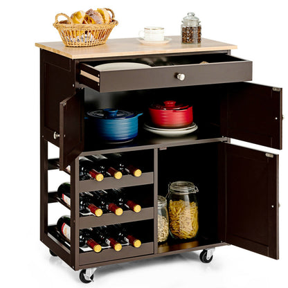 Kitchen Cart with Rubber Wood Top 3 Tier Wine Racks 2 Cabinets
