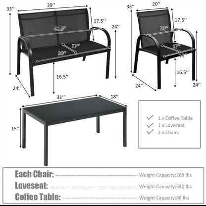 4-Piece Patio Furniture Set with Glass Top Coffee Table